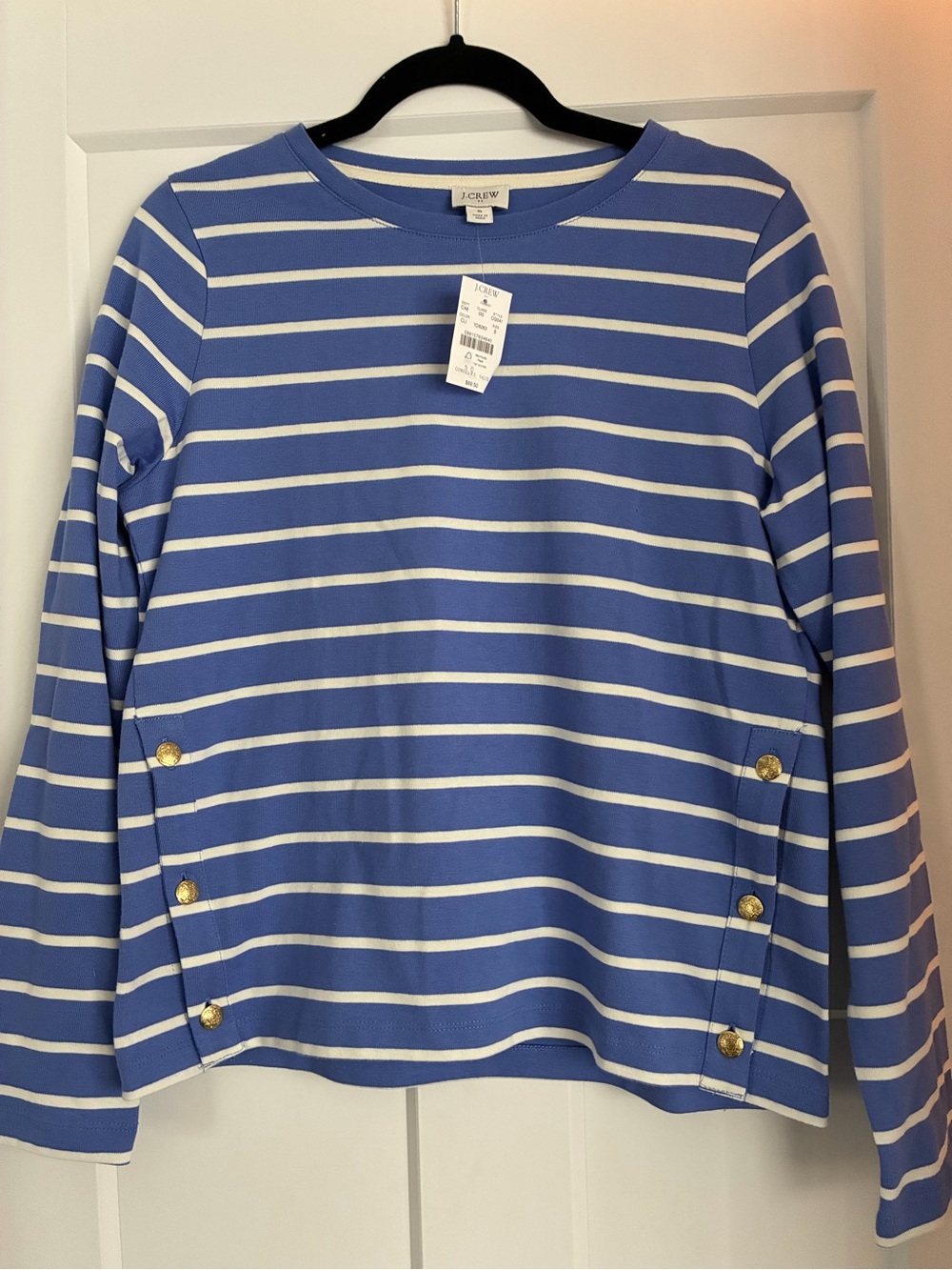 J. Crew Blue and White Striped Long-Sleeve Top with Gold Buttons